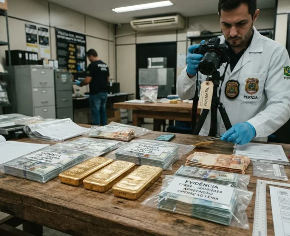 Barra de ouro e cédulas de dinheiro apreendidas em operação policial sobre mesa de perícia