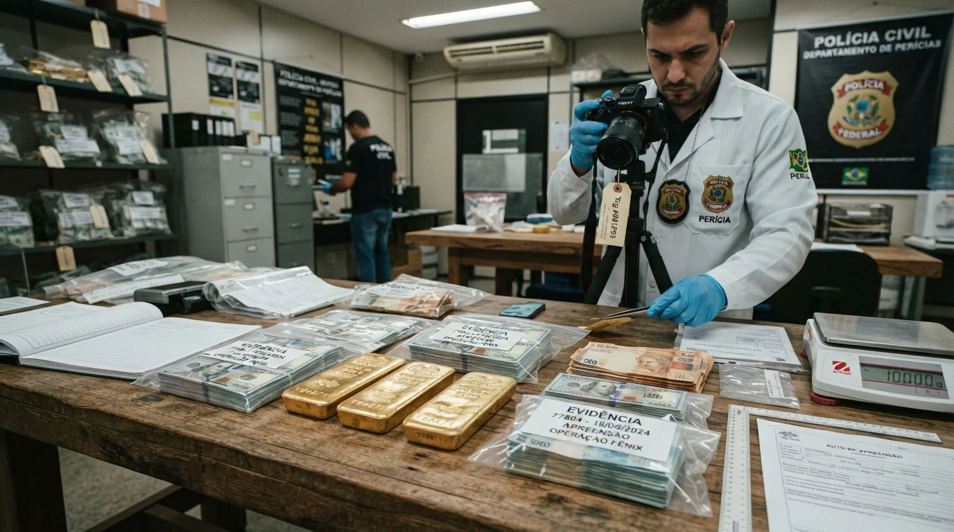 Barra de ouro e cédulas de dinheiro apreendidas em operação policial sobre mesa de perícia