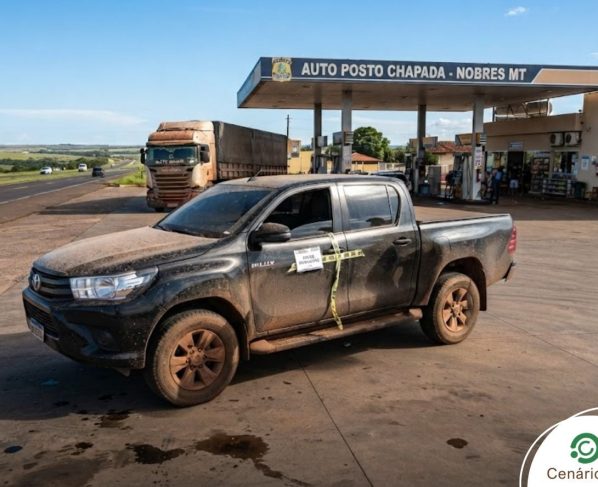 Caminhonete preta em posto de gasolina entre nobres e chapada