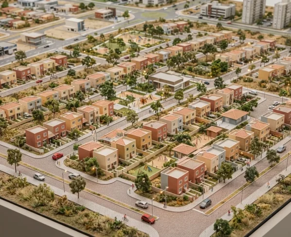 Maquete arquitetônica de conjunto habitacional moderno com casas populares organizadas em loteamento urbano