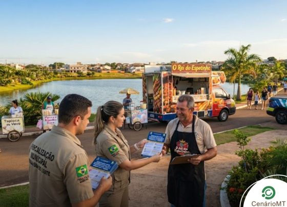 Fiscalização entregando papel com novas regras para dono de food truck