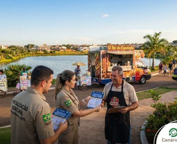 Fiscalização entregando papel com novas regras para dono de food truck