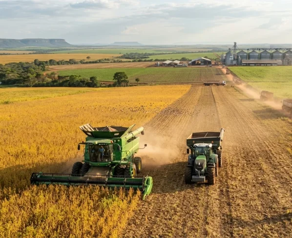 Foto de drone mostrando colheita em fazenda de MT