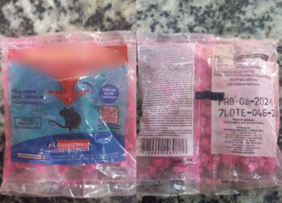 Veneno de rato rosa que teria sido levado por um aluno de 7 anos para escola em Cuiabá. – Foto: Reprodução