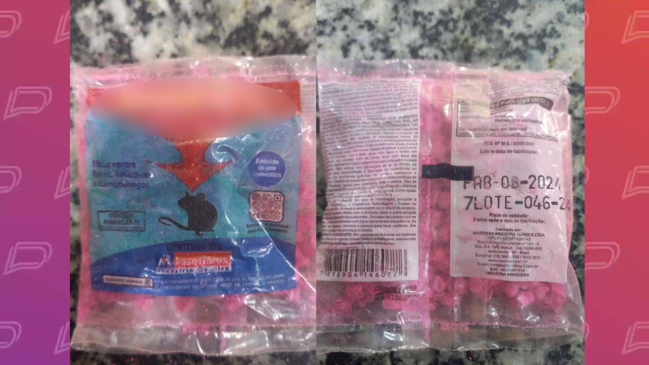 Veneno de rato rosa que teria sido levado por um aluno de 7 anos para escola em Cuiabá. – Foto: Reprodução