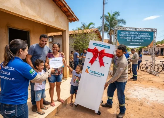 Funcionários da Energisa entregando geladeira