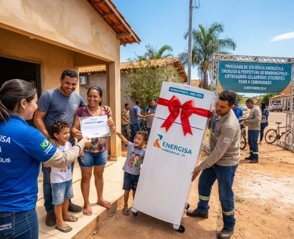 Funcionários da Energisa entregando geladeira