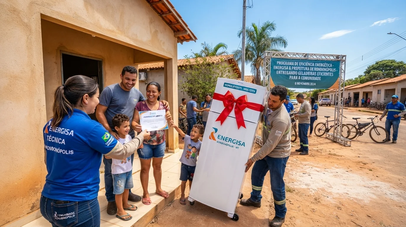 Funcionários da Energisa entregando geladeira