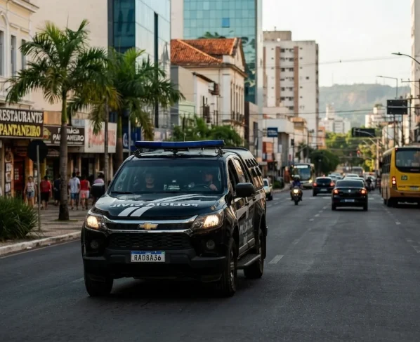 Viatura preta da Polícia Civil do Mato Grosso (placa RADA836) dirige por uma movimentada rua no final da tarde, ladeada por prédios comerciais e palmeiras, com pedestres na calçada e tráfego de carros e ônibus ao fundo sob luz solar quente.