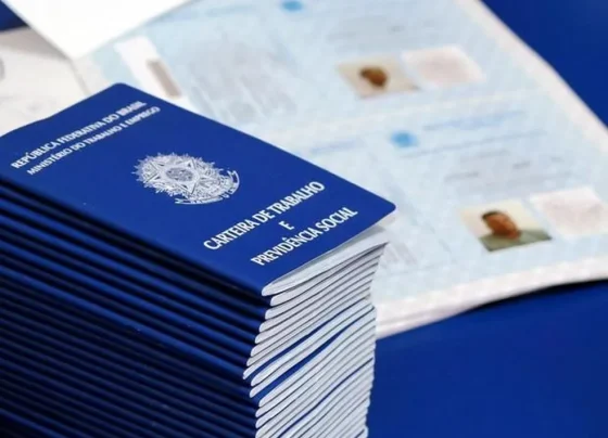 Carteiras de trabalho empilhadas em mesa