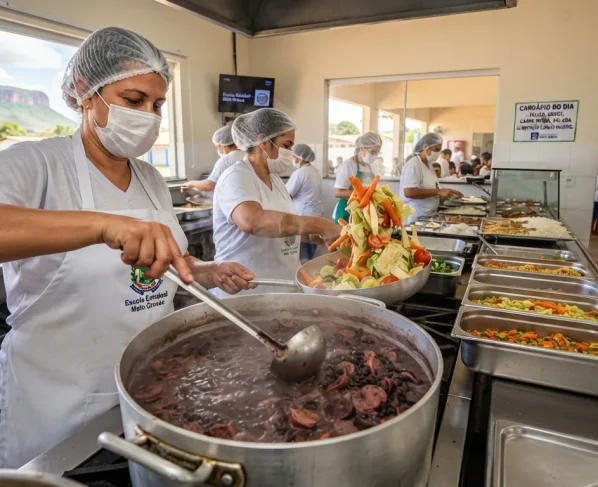 Cozinheiras de escola preparando feijoada para as crianças