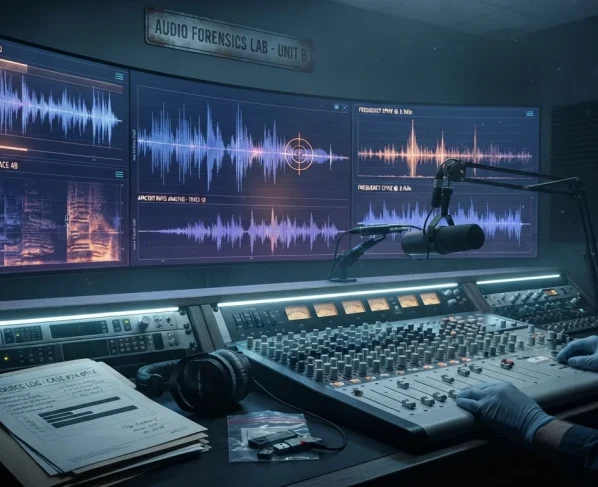 Equipamento de gravação de áudio em estúdio com gráficos digitais de onda sonora ao fundo