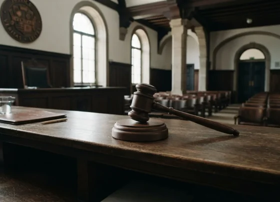 Gavel de juiz em tribunal vazio