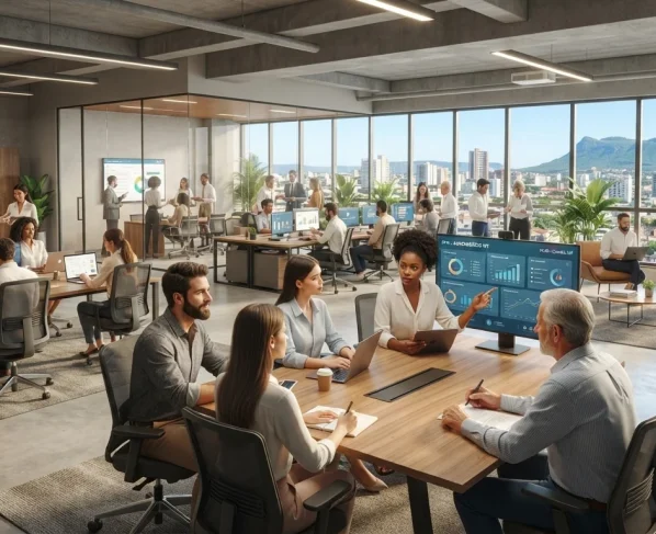 Profissionais em ambiente de trabalho corporativo moderno em Cuiabá