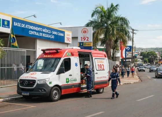 Ambulância do Samu estacionada em frente a base de atendimento médico em área urbana durante o dia