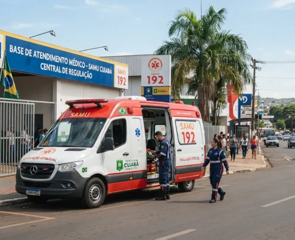 Ambulância do Samu estacionada em frente a base de atendimento médico em área urbana durante o dia