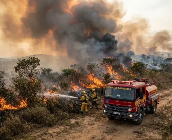 Fumaça densa e chamas em vegetação de cerrado com viatura de combate a incêndio dos bombeiros