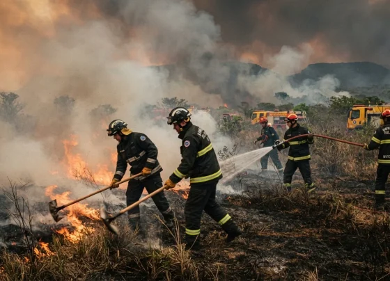 Equipe de bombeiros combatendo incêndio em vegetação rasteira com abafadores e mangueira sob forte fumaça em Mato Grosso