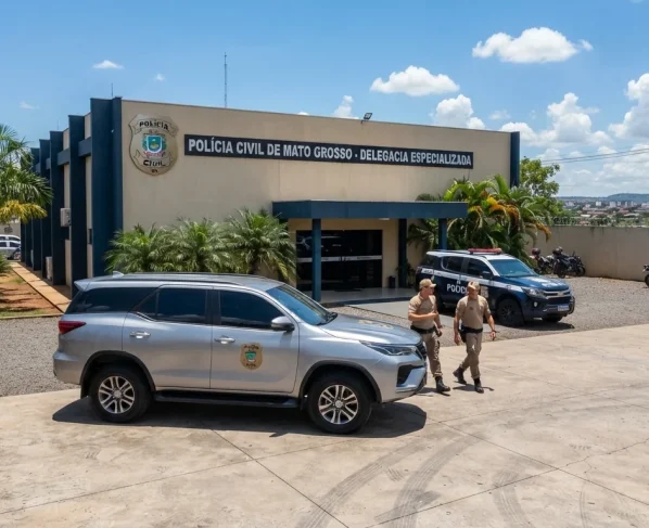 Carro modelo SUV estacionado em pátio de delegacia com viatura policial ao fundo