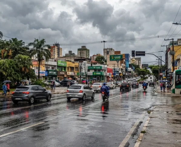 Rua urbana de Cuiabá com asfalto molhado por chuva passageira sob céu nublado