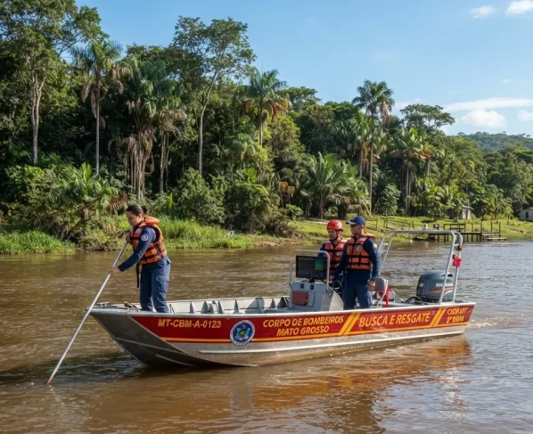 Embarcação de resgate do Corpo de Bombeiros operando em trecho do Rio Teles Pires com vegetação ribeirinha