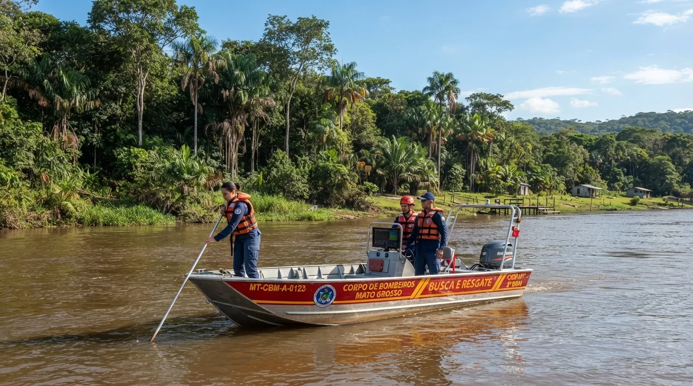 Embarcação de resgate do Corpo de Bombeiros operando em trecho do Rio Teles Pires com vegetação ribeirinha