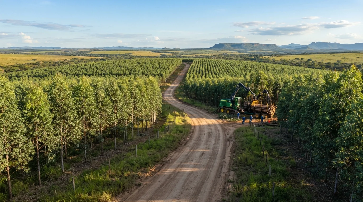 Plantação florestal de eucalipto em área rural com estradinha de terra e maquinário agrícola ao fundo