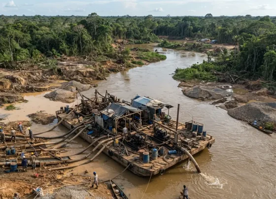 Garimpo ilegal em área de floresta com balsa e equipamentos de mineração à beira de rio