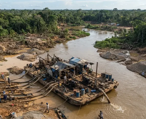 Garimpo ilegal em área de floresta com balsa e equipamentos de mineração à beira de rio