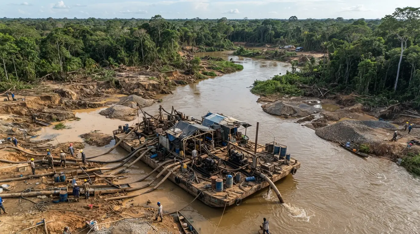Garimpo ilegal em área de floresta com balsa e equipamentos de mineração à beira de rio