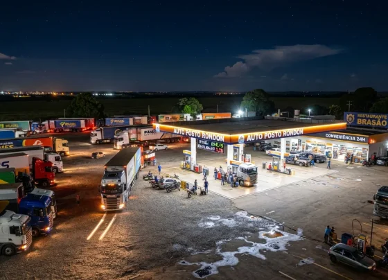 Posto de combustíveis iluminado à noite com veículos estacionados