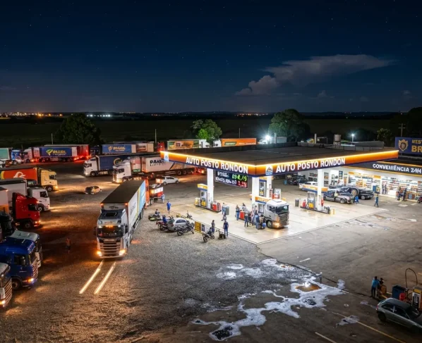 Posto de combustíveis iluminado à noite com veículos estacionados