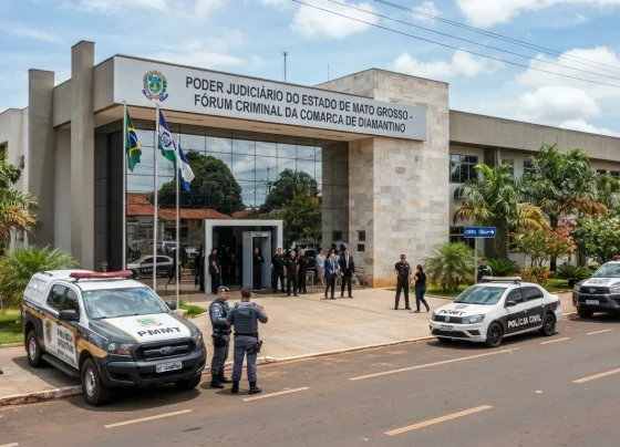 Fachada de Fórum criminal com movimentação de segurança e viaturas policiais