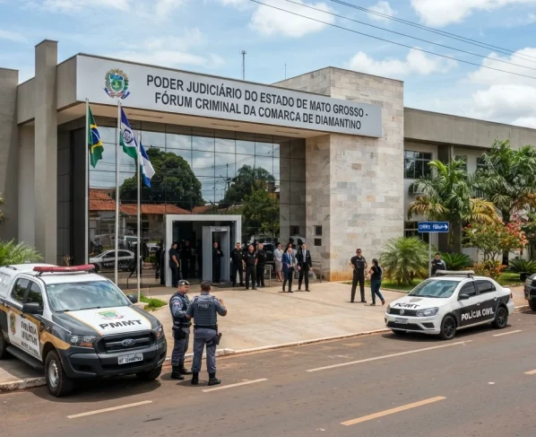 Fachada de Fórum criminal com movimentação de segurança e viaturas policiais