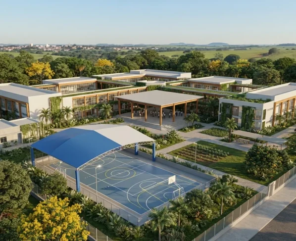 Maquete 3D de complexo escolar moderno com quadra esportiva e áreas verdes