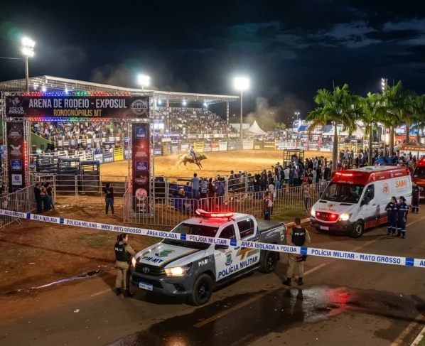 Arena de rodeio iluminada à noite com presença de viaturas de emergência e isolamento policial