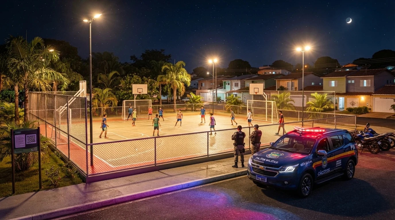 Quadra de esportes iluminada em bairro residencial à noite com presença de viatura policial