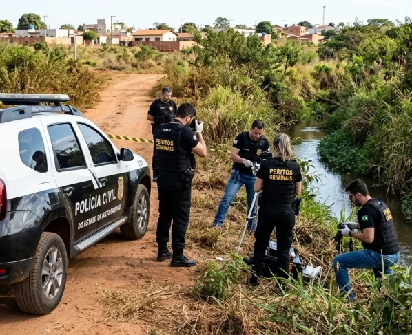 Viatura policial e peritos em área de vegetação às margens de córrego