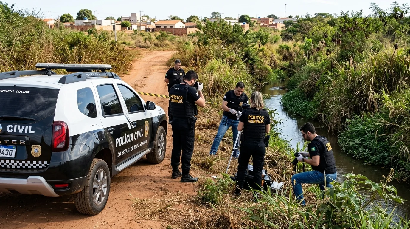 Viatura policial e peritos em área de vegetação às margens de córrego