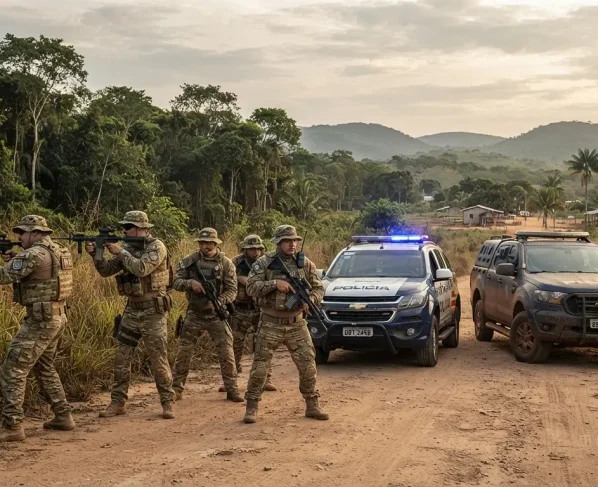 Viaturas policiais em operação na região de fronteira com agentes de segurança em patrulhamento