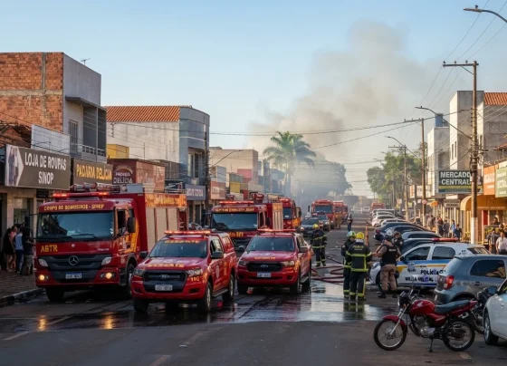 Viaturas do Corpo de Bombeiros estacionadas em via comercial com fumaça dissipando ao fundo