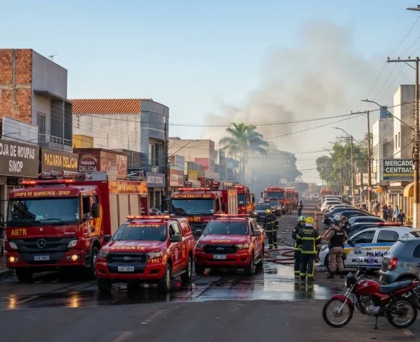 Viaturas do Corpo de Bombeiros estacionadas em via comercial com fumaça dissipando ao fundo