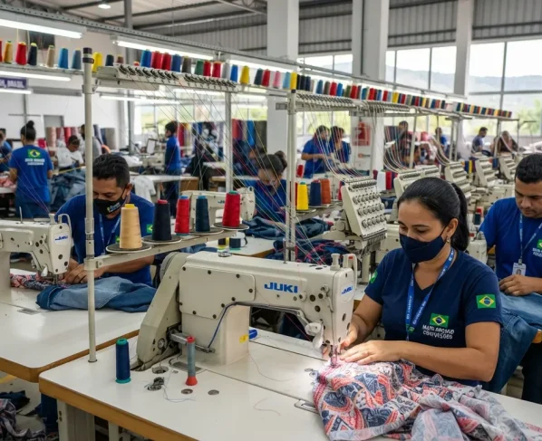 Linhas de costura coloridas em máquinas industriais operando em confecção têxtil