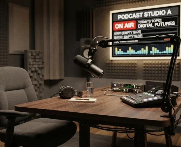 Estúdio de podcast com microfones profissionais e painel informativo,