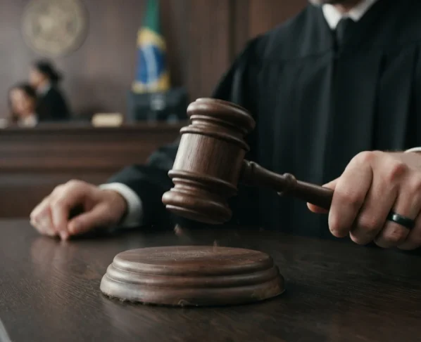 Foto de juiz batendo o martelo com bandeiras no fundo