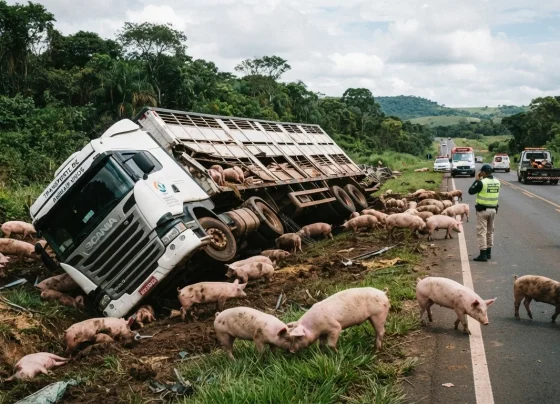 Carreta de porcos tombada à margem de rodovia federal com alguns porcos andando soltos