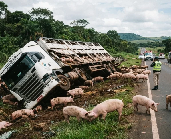 Carreta de porcos tombada à margem de rodovia federal com alguns porcos andando soltos