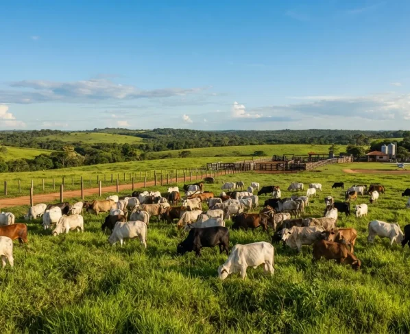 Rebanho de gado saudável pastando em campo verde aberto com cercas de fazenda ao fundo