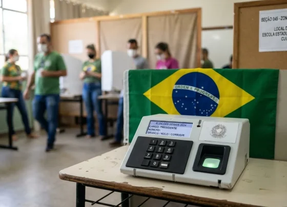 Urna eletrônica em destaque com bandeira do Brasil ao fundo em ambiente de votação