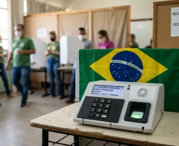 Urna eletrônica em destaque com bandeira do Brasil ao fundo em ambiente de votação